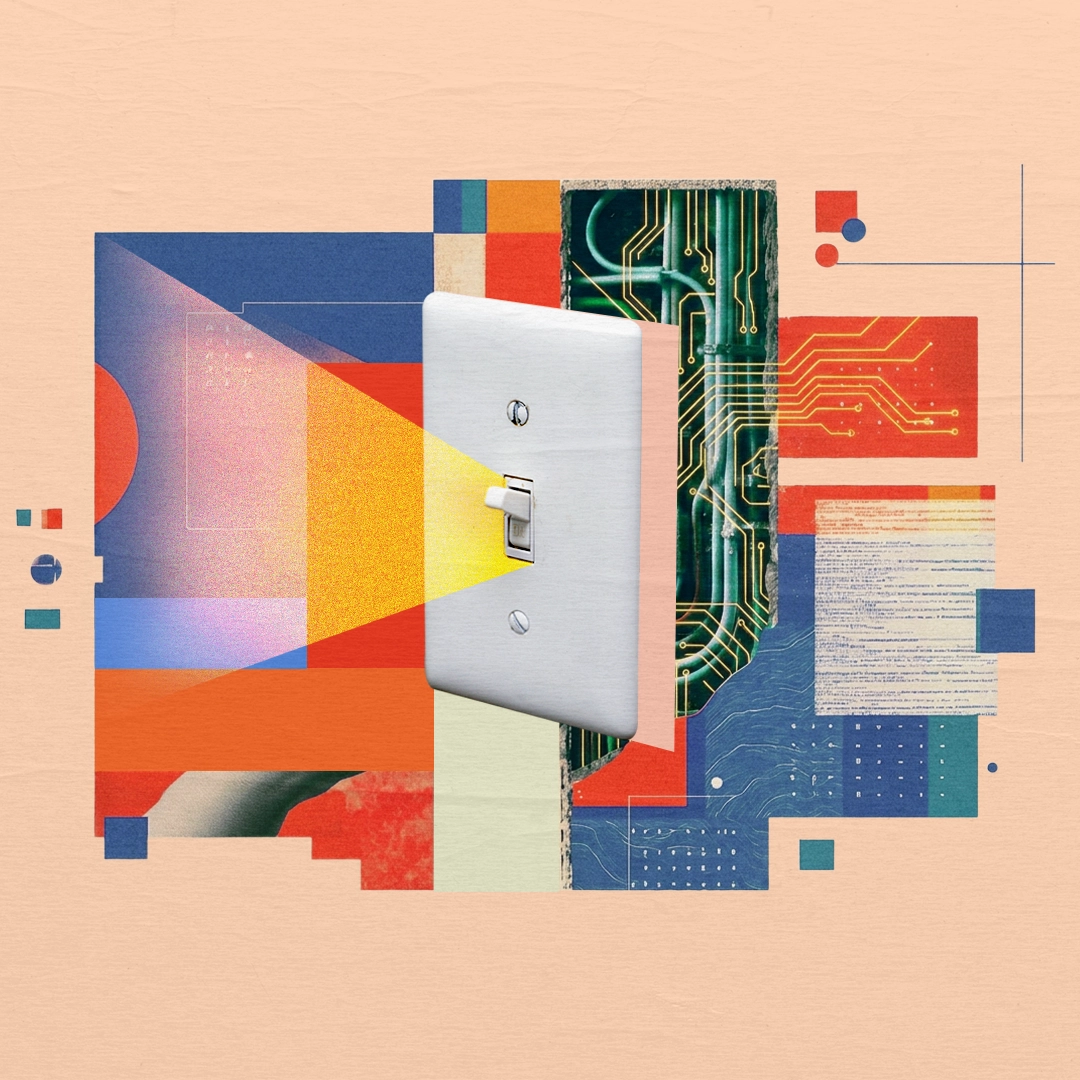 Collage of a light switch over geometric color blocks and a circuit board, branded "AI@WORK" — visual metaphor for AI as invisible, everyday infrastructure. 