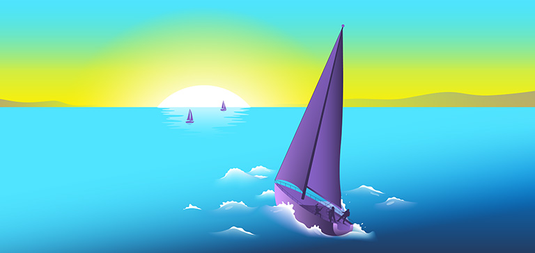 Illustration of three people in a sailboat working together to navigate choppy waters. In the distance, several sailboats on placid waters are visible.