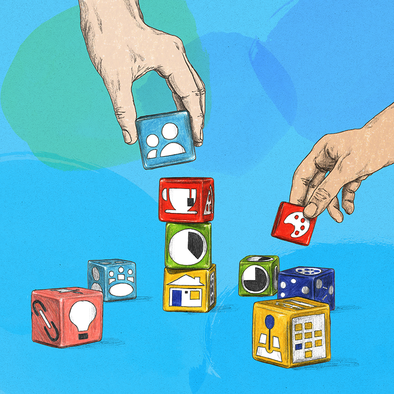 An illustration of the hands of two different people stacking wooden blocks. Instead of featuring letters or numbers, the blocks are emblazoned with abstract symbols that evoke hybrid work: a mug of tea, a pie chart, a home, three people sitting around a conference table, an artist’s palette, a lightbulb, and map coordinates.