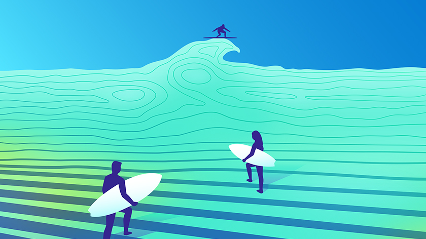 People surfing on a wavy ocean made up of striated data charts.,