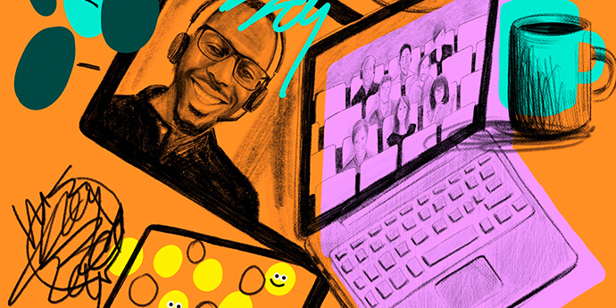 A colorful illustration of colleagues having a videoconference on Microsoft Teams.