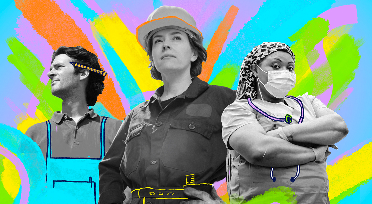 Three frontline workers, one in an apron, one in a hard hat, one with a stethoscope, in front of a colorful illustrated background.