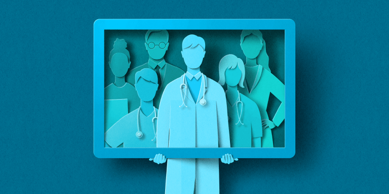 Papercut image of clinicians inside the frame of a digital device