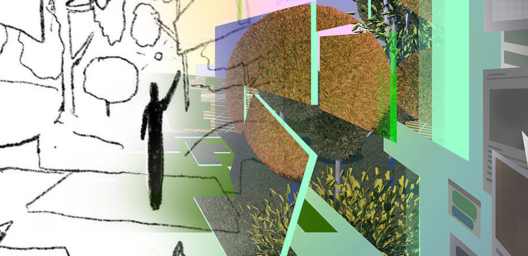 A digital illustration of objects representing work and communication in the foreground leading to a figure moving past them and looking out on a peaceful landscape.