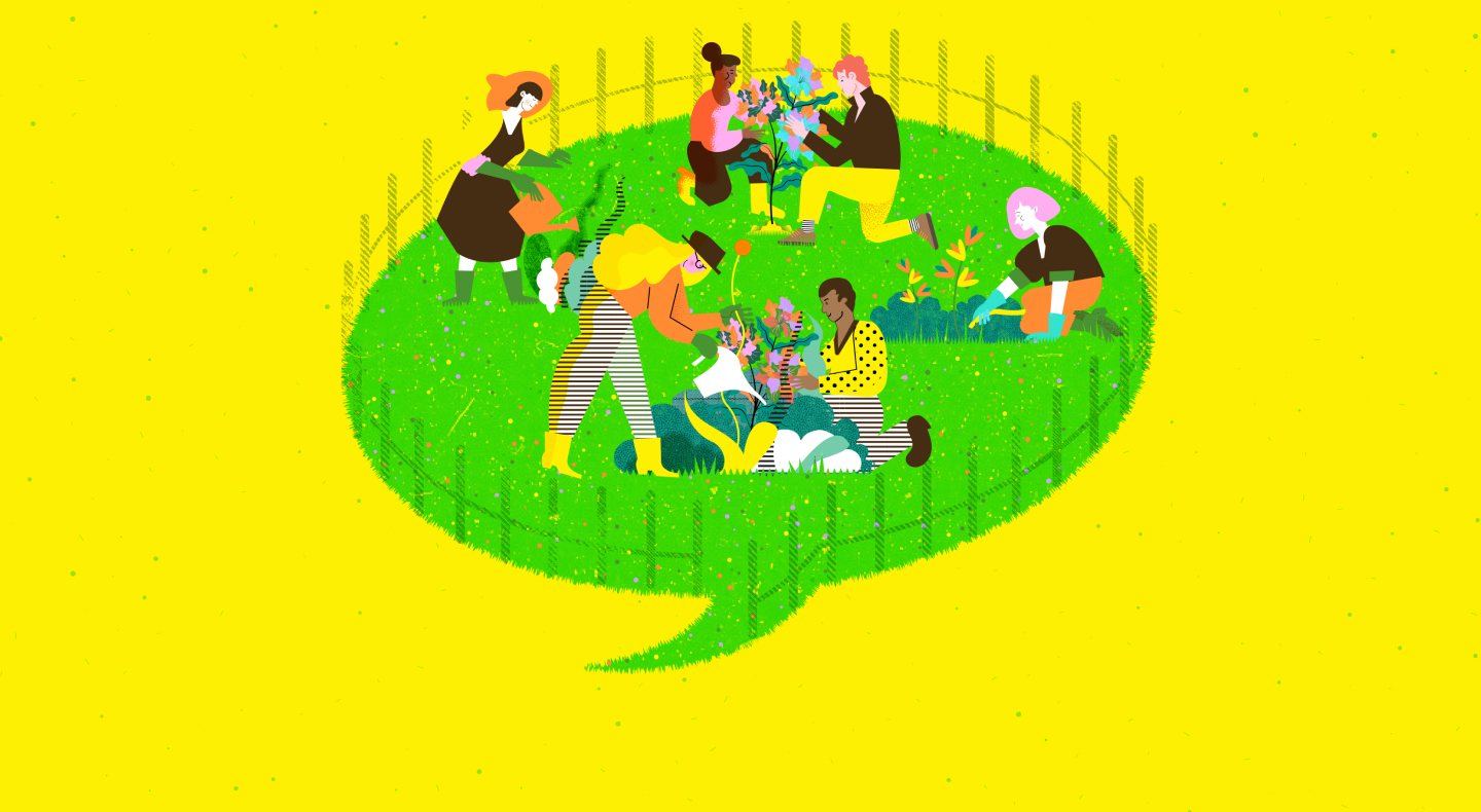 A colorful illustration of several people kneeling in a garden of flowers shaped like a conversation bubble
