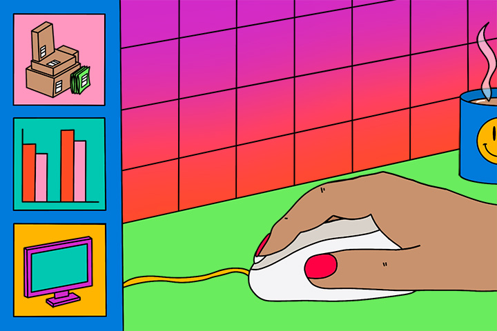 Vibrant illustration of a hand on a computer mouse, next to a mug of coffee. On the left is a column of different iconographic illustrations.