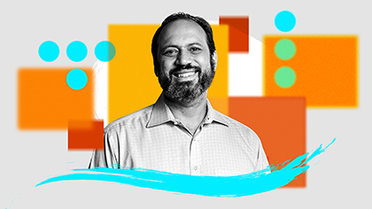 A colorful photo-illustration of WorkLab guest Ethan Mollick