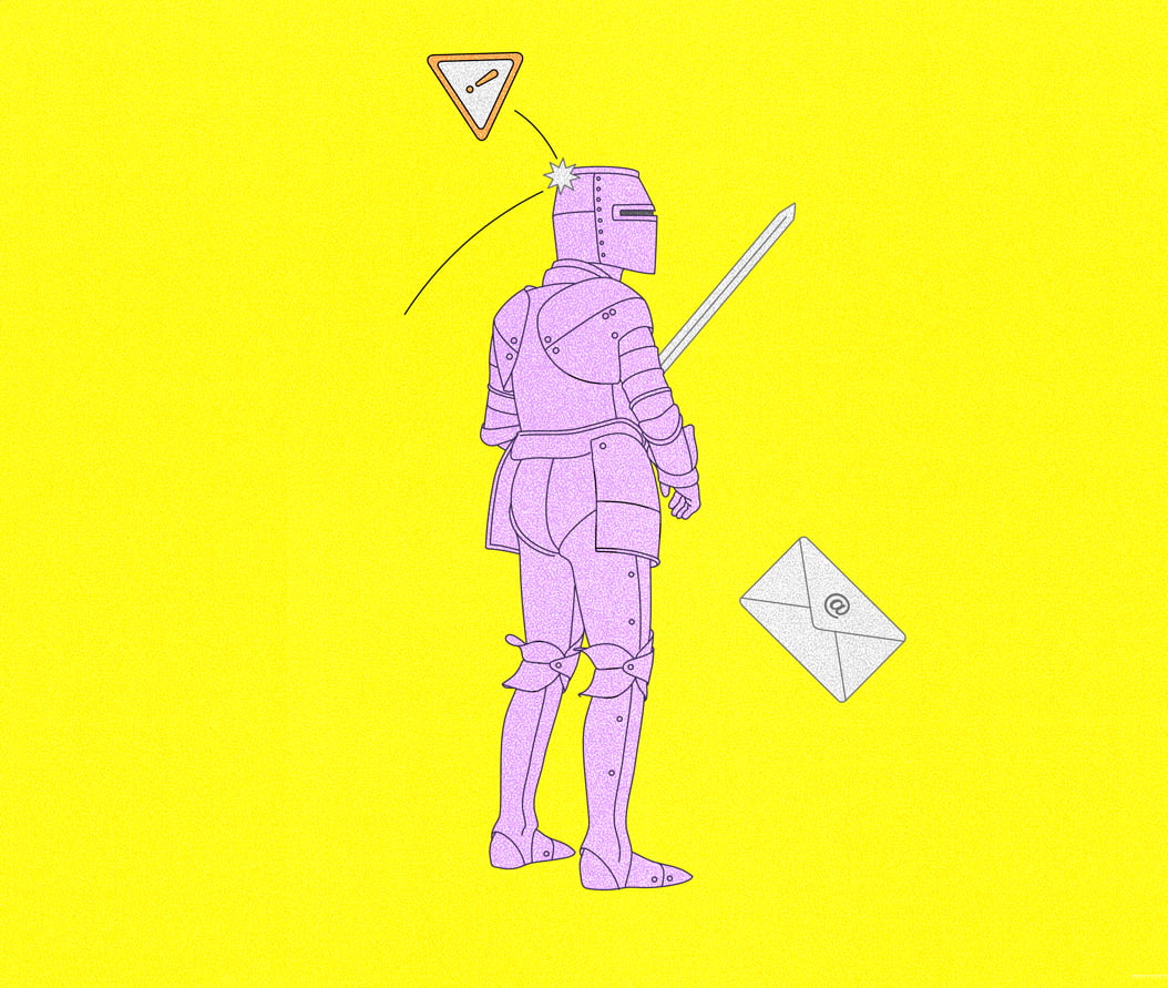 Illustration of a knight being struck in the head by a triangular yellow icon with an exclamation point on it.