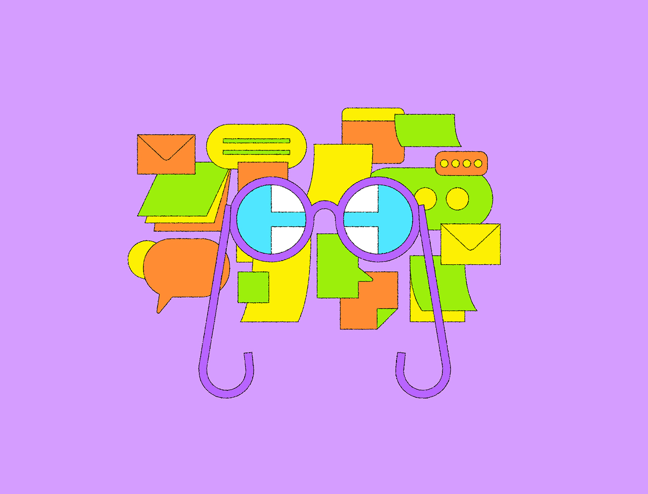 An illustration of an array of work-related icons—chat windows, speech ballons, emails. In the center are a pair of spectacles, and through the lenses of the spectacles we see a clarified image of simple shapes.