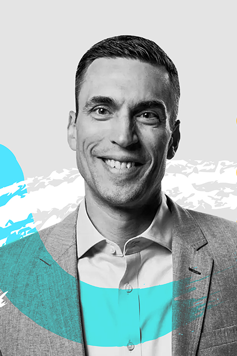 Jared Spataro surrounded by colorful graphic designs