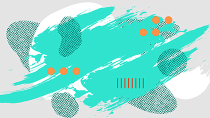 A colorful abstract piece of artwork incorporating teal and orange shapes