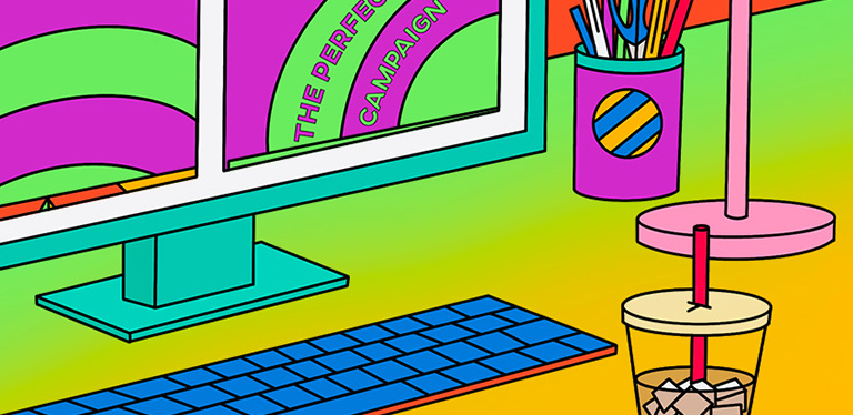 A colorful illustration of a marketer’s desk.