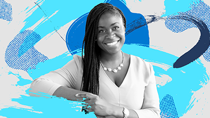 A colorful photo-illustration of Janice Omadeke