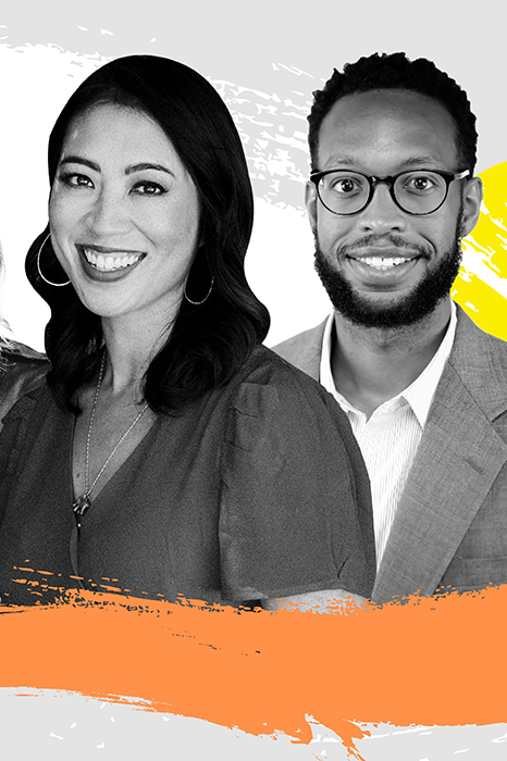 Worklab podcast correspondent Mary Melton, host Elise Hu, and correspondent Desmond Dickerson surrounded by colorful graphic designs