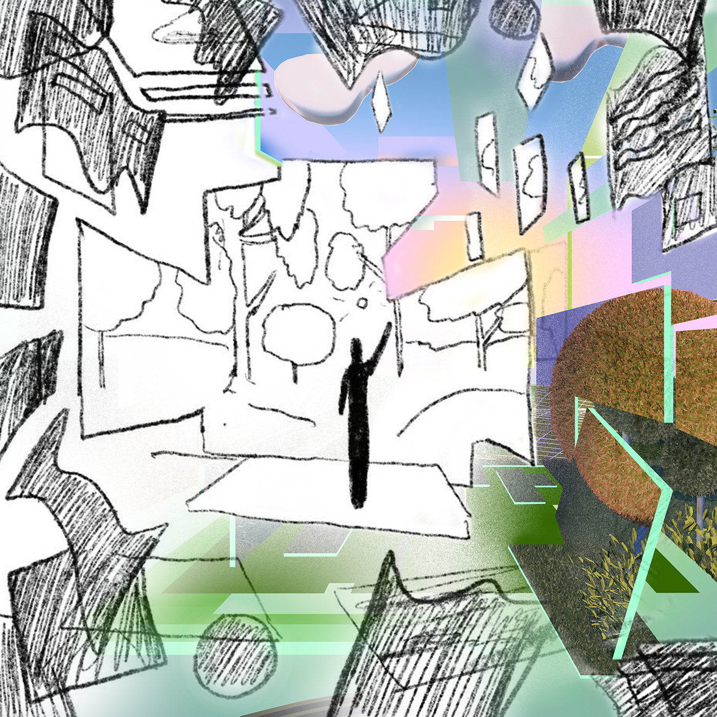 A sketch of objects representing work and communication in the foreground leading to a figure moving past them and looking out on a peaceful landscape.