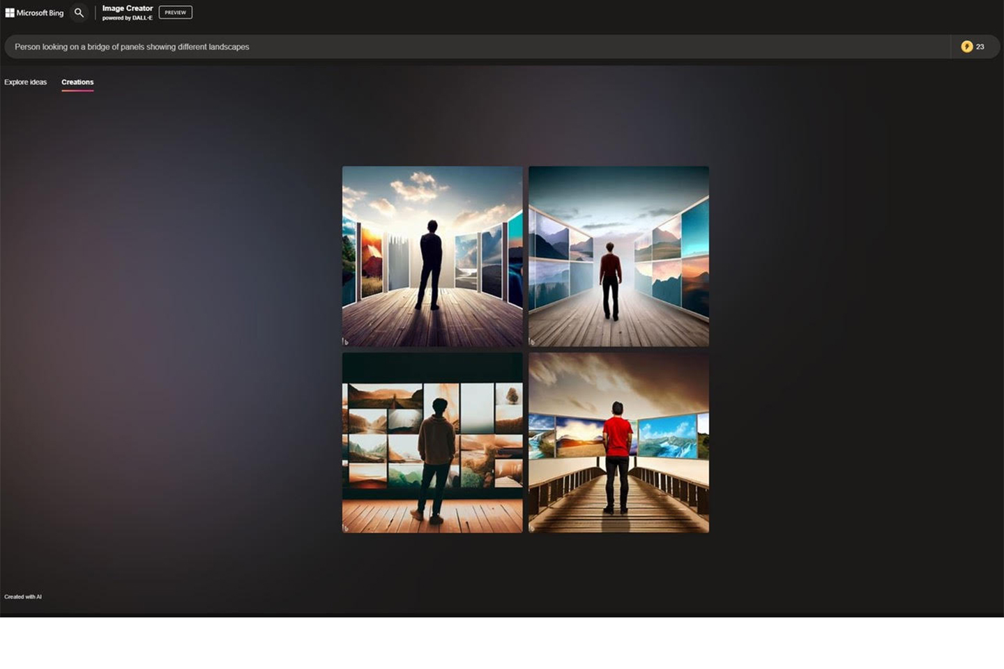 Screenshot of Bing Image Creator with the prompt 'Person looking on a bridge of panels showing different landscapes'