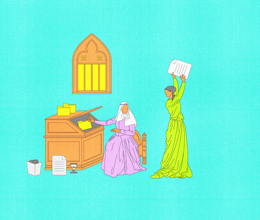 Illustration of a maiden in medieval garb sitting at an old fashioned desk. Her head is turned away from the desk, and she holds a computer icon representing a folder in her hand. Behind her are maidens holding computer icons representing folders, documents, and letters. Meanwhile, an arm reaches in through a barred window and steals a folder from the desk.