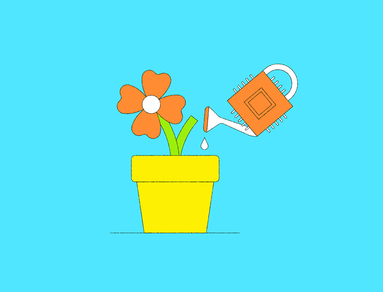 Illustration of a flower in a pot being watered by a watering can. The vessel of the watering can is actually a computer chip. 