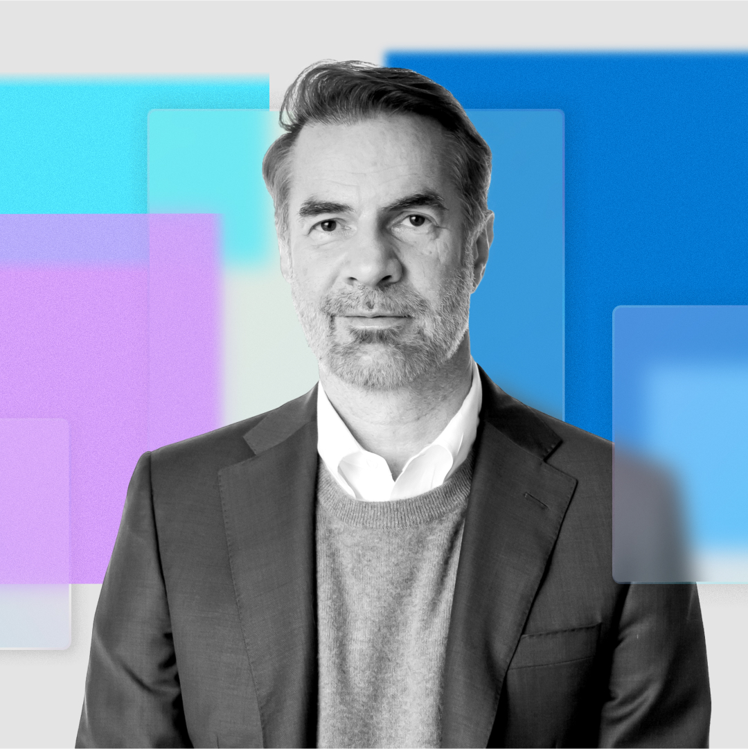 A colorful photo-illustration of professor, author, and researcher Erik Brynjolfsson. 