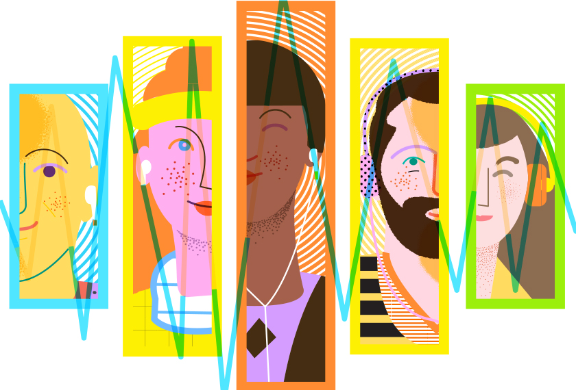 An illustration alluding to spacial audio by showing five different people on their own wave length.