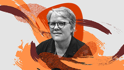 A colorful photo-illustration of Frances Frei, professor of technology and operations management at Harvard Business School.