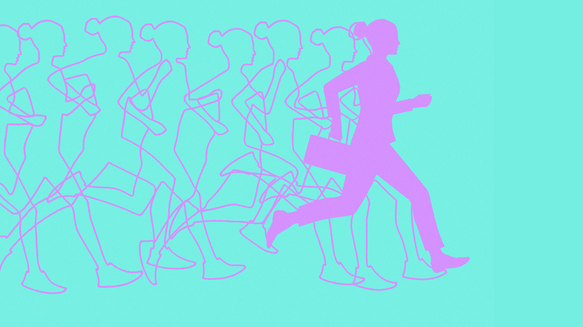 An illustration of several silhouettes of a woman running, the last of which is typing on a laptop
