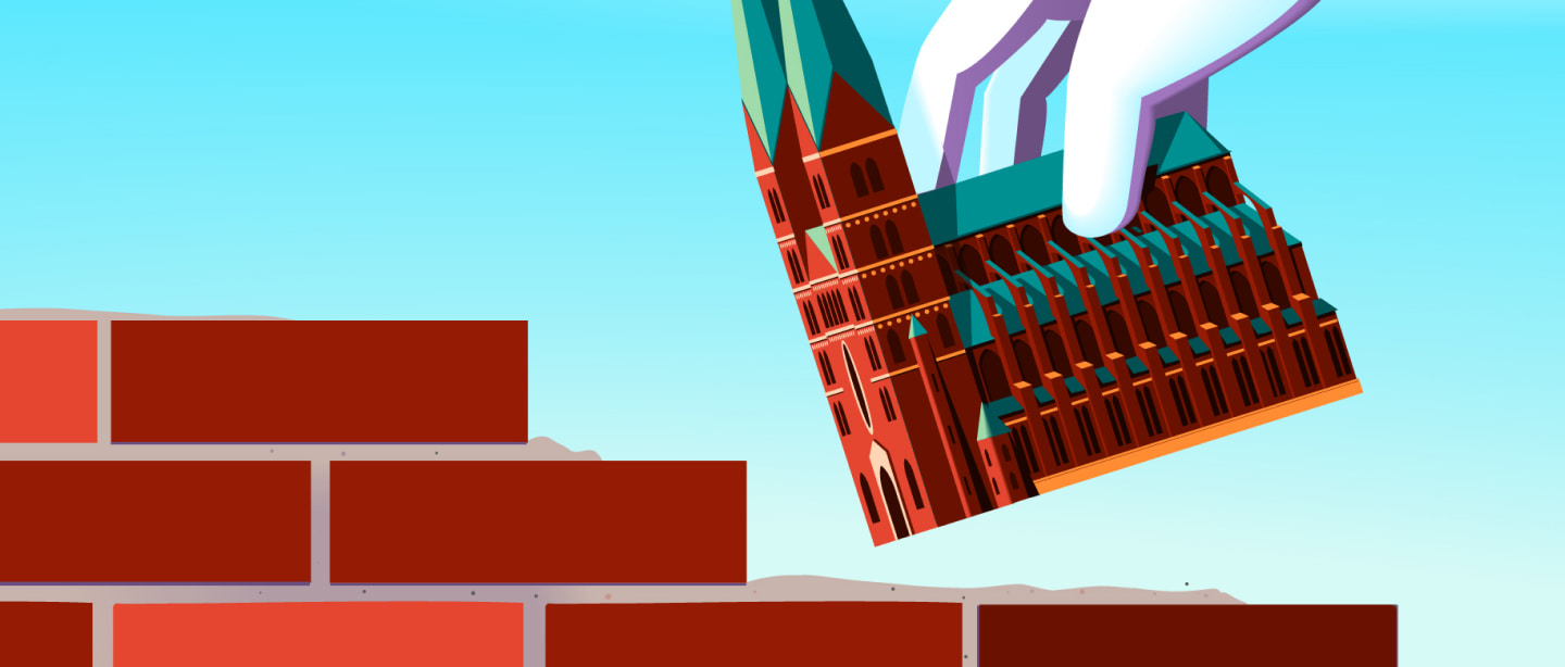 An illustration that compares laying bricks to building a cathedral.
