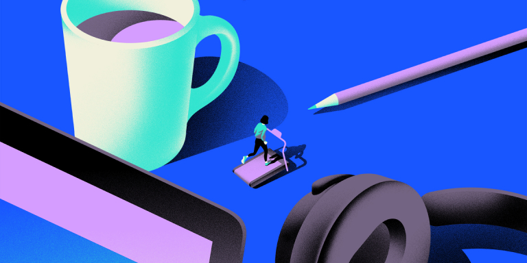 Illustration depicts a workstation with laptop, coffee cup, headphones, and a tiny human being running on a treadmill