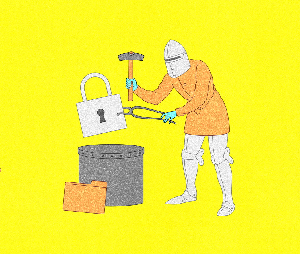 Illustration of a knight with a hammer and tongs doing blacksmith work on a padlock icon.