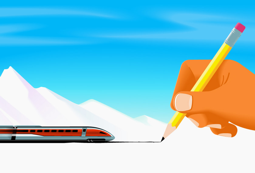 An illustration of someone drawing train tracks with a pencil.