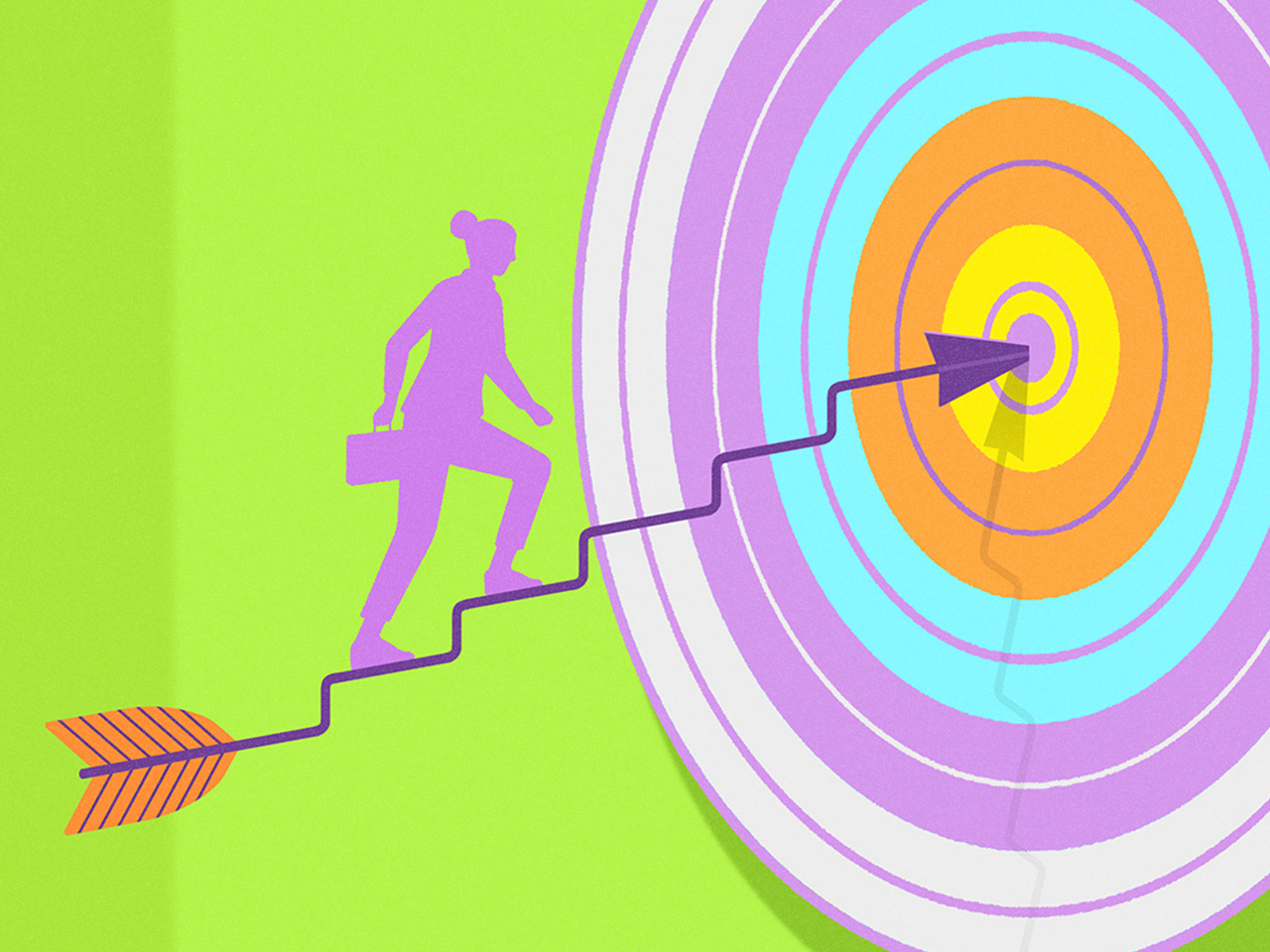 A woman walking along an arrow shaft that’s shaped like steps, into a bullseye.