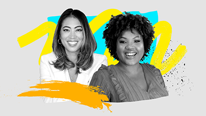 An illustrated photo showing WorkLab podcast hosts Elise Hu and Tonya Mosley