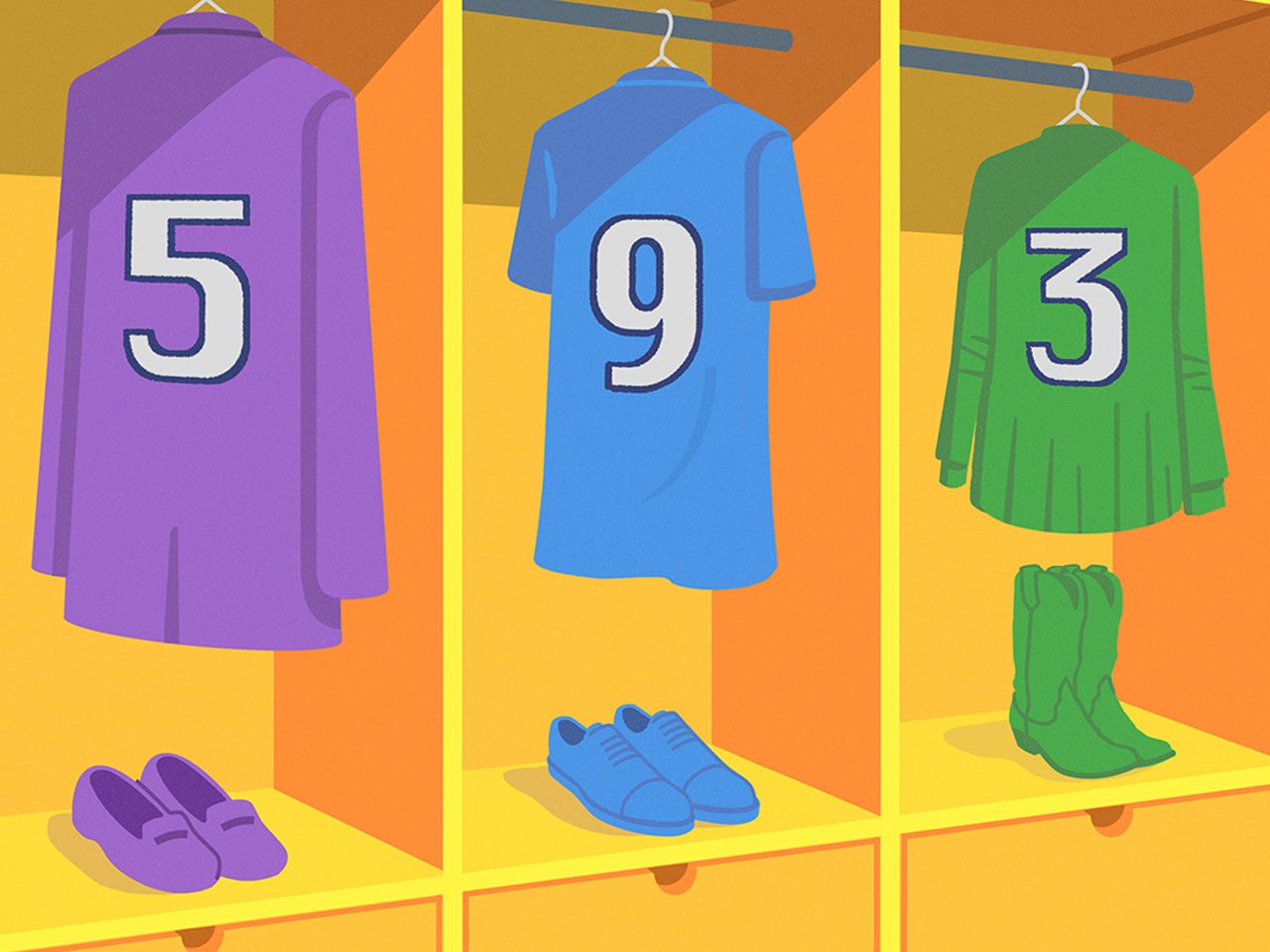 Illustration of different types of clothes hanging in lockers.