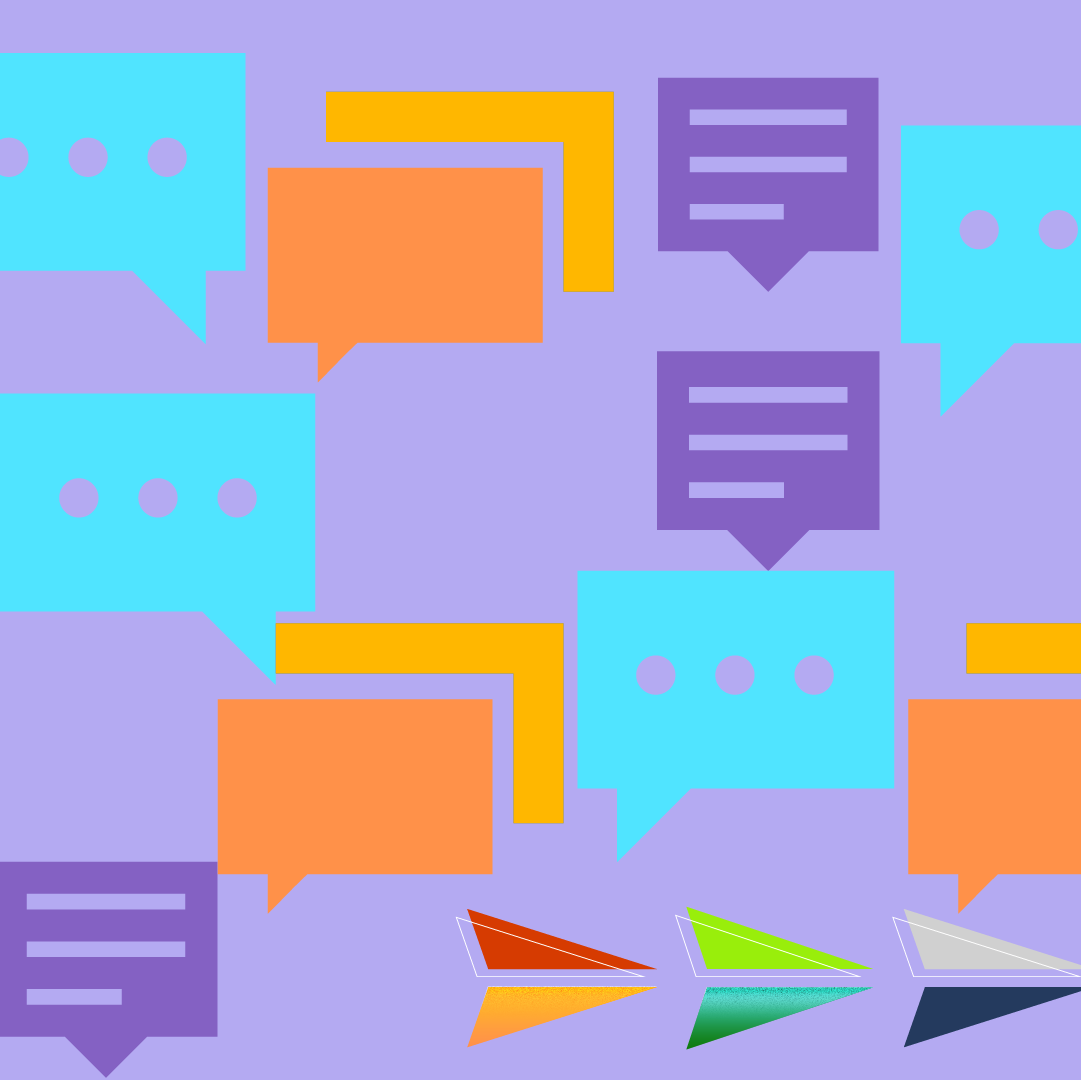 Colorful illustration of an arrangement of chat icons and paper plane icons