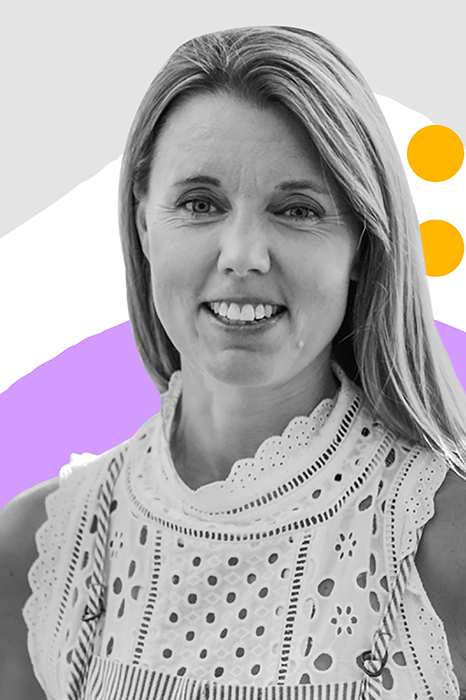 Author Anne Helen Petersen surrounded by colorful graphic designs