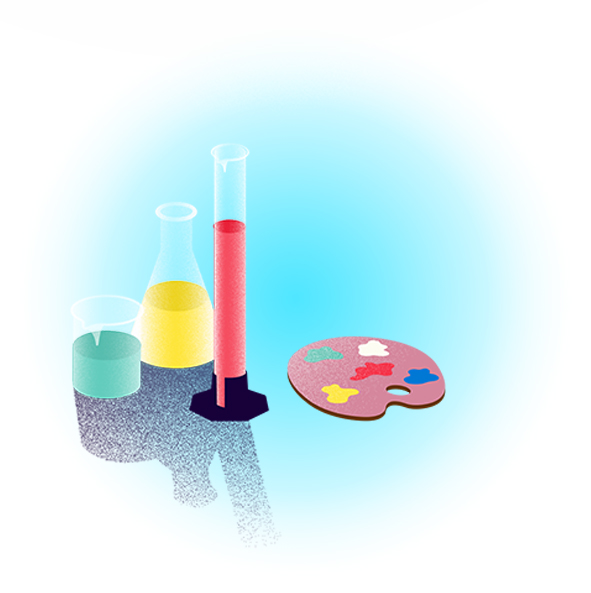 A colorful illustration of an artist’s palette and some scientific beakers.