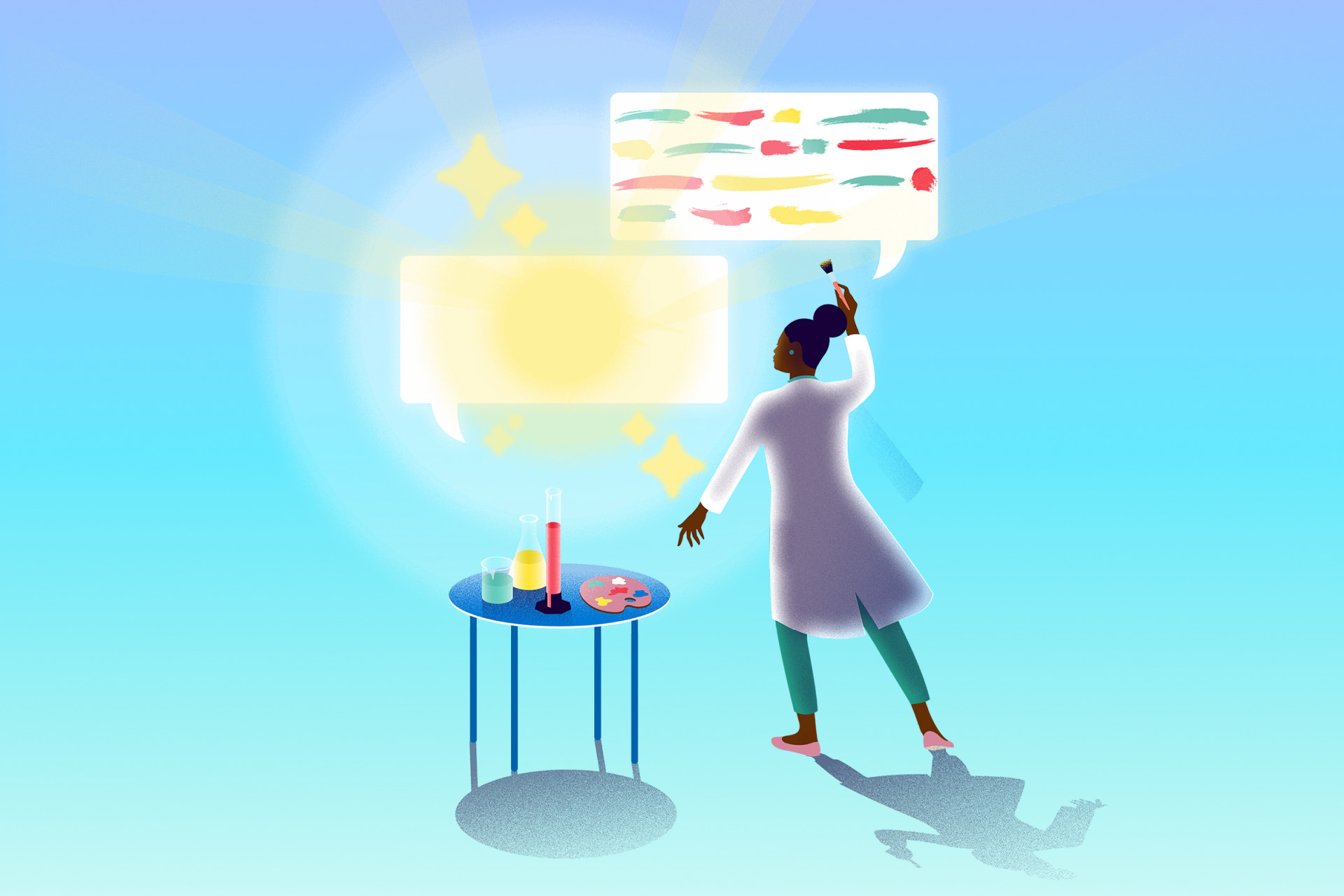 A colorful illustration of a woman in a smock using both artistic tools and scientific implements to create colorful brush strokes in a chat window. Below that window is a chat bubble featuring the Copilot “sparkle.”