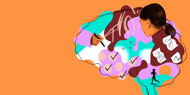A colorful illustration of a brain focusing on activities like writing and running.