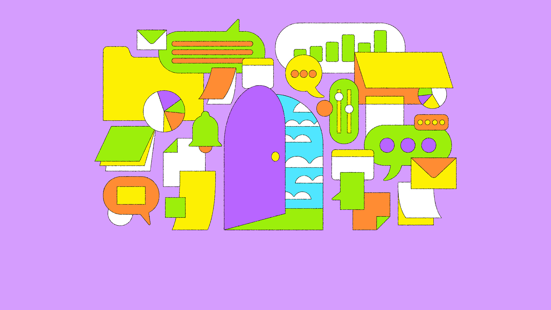 An illustration depicts a colorful montage of work-related icons, including chat windows, speech ballons, sticky notes, alarm bells, email messages, charts, and graphs. In the center is a doorway opening to show the outside world