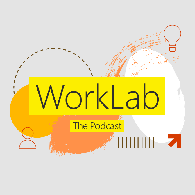 A colorful composition presenting WorkLab Podcast