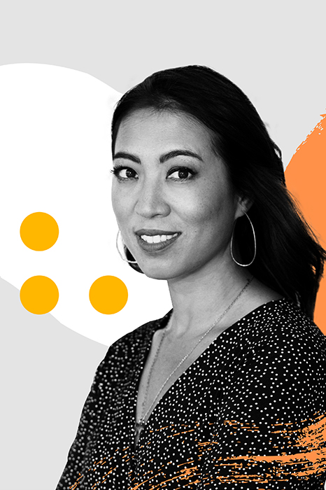 Host Elise Hu surrounded by colorful graphic designs