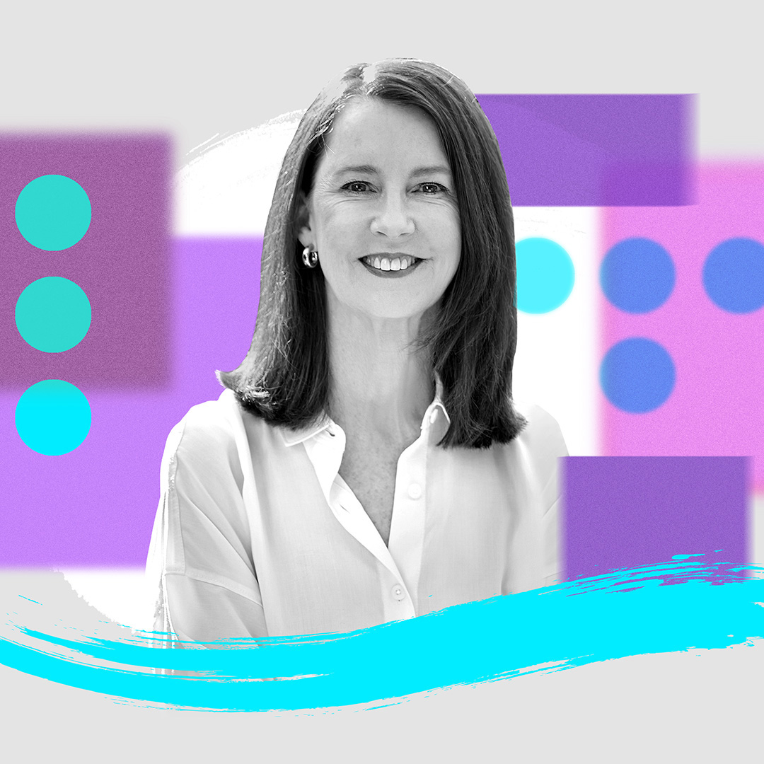 A colorful photo-illustration of podcast guest Gretchen Rubin