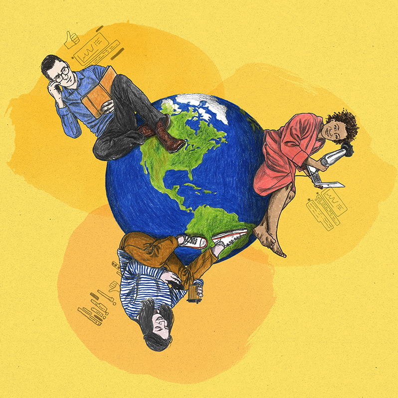 An illustration of three people sitting on top of a disproportionately small planet Earth. A man dressed in standard workplace attire sits on one side of the globe and holds a phone to his ear as he reads a book. A woman on the other side of the globe who’s dressed in a bathrobe dries her hair with a blow-dryer while working on a laptop she’s carrying. Another woman on the underside of the globe who’s dressed in casual clothes and sneakers sips coffee while looking at her smartphone.