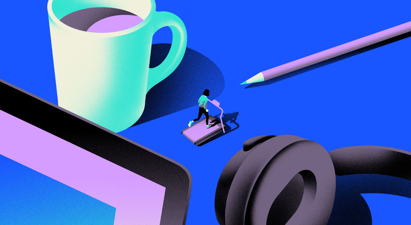 Illustration depicts a workstation with laptop, coffee cup, headphones, and a tiny human being running on a treadmill