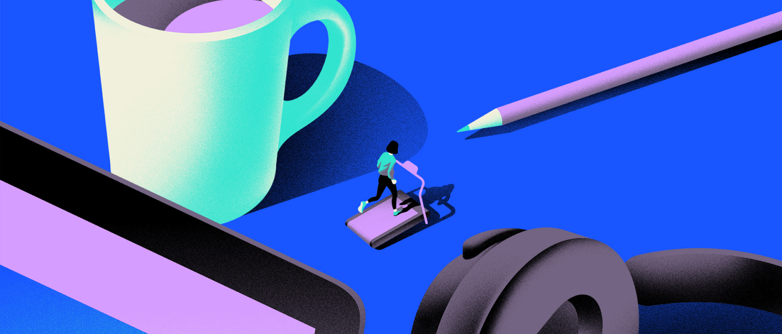 Illustration depicts a workstation with laptop, coffee cup, headphones, and a tiny human being running on a treadmill