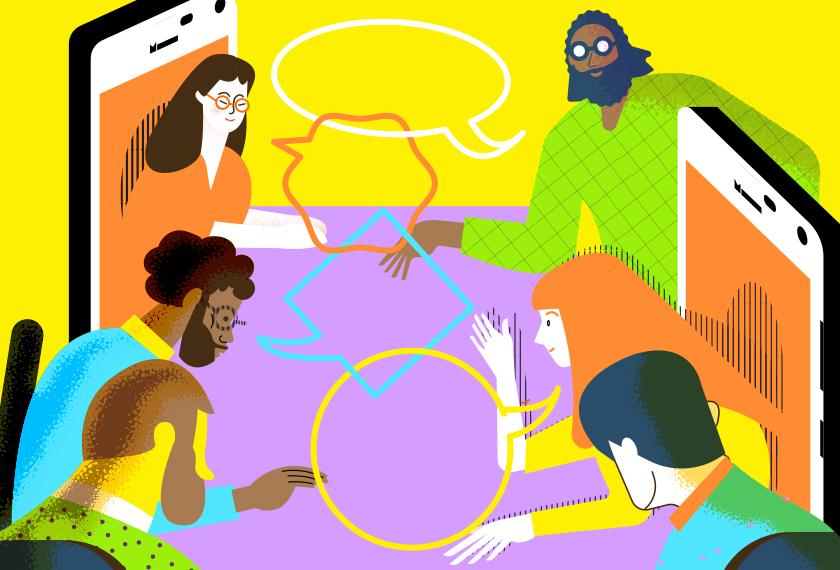 Six illustrated individuals around a table in a hybrid meeting. Two of the people are peering out of a phone to indicate they are joining remotely. They have overlapping conversation boxes.
