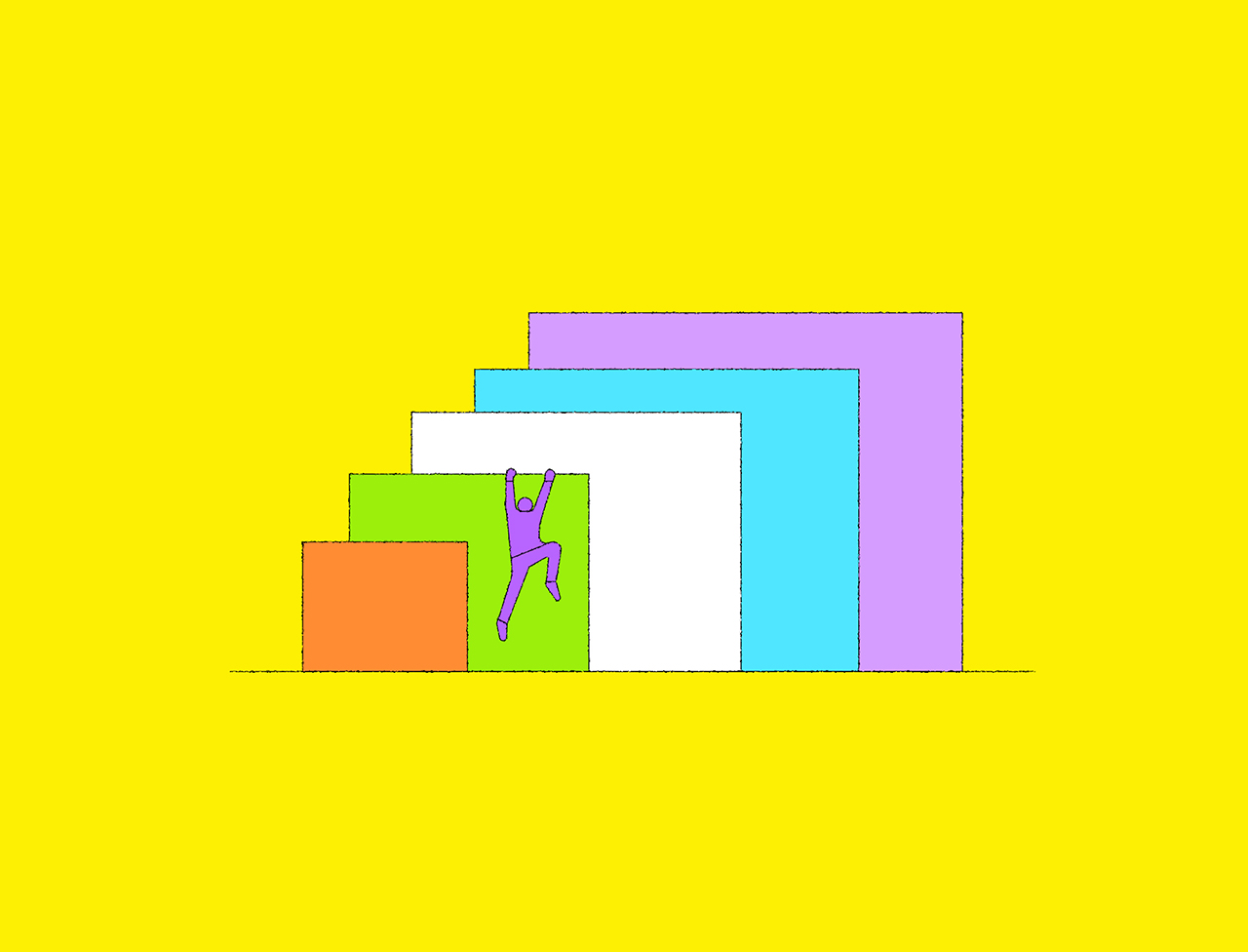 An illustration of a series of differently colored squares, each slightly larger than the last. A man dangles from one of the squares, holding on to its edge with his hands. 