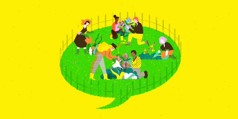 A colorful illustration of several people kneeling in a garden of flowers shaped like a conversation bubble