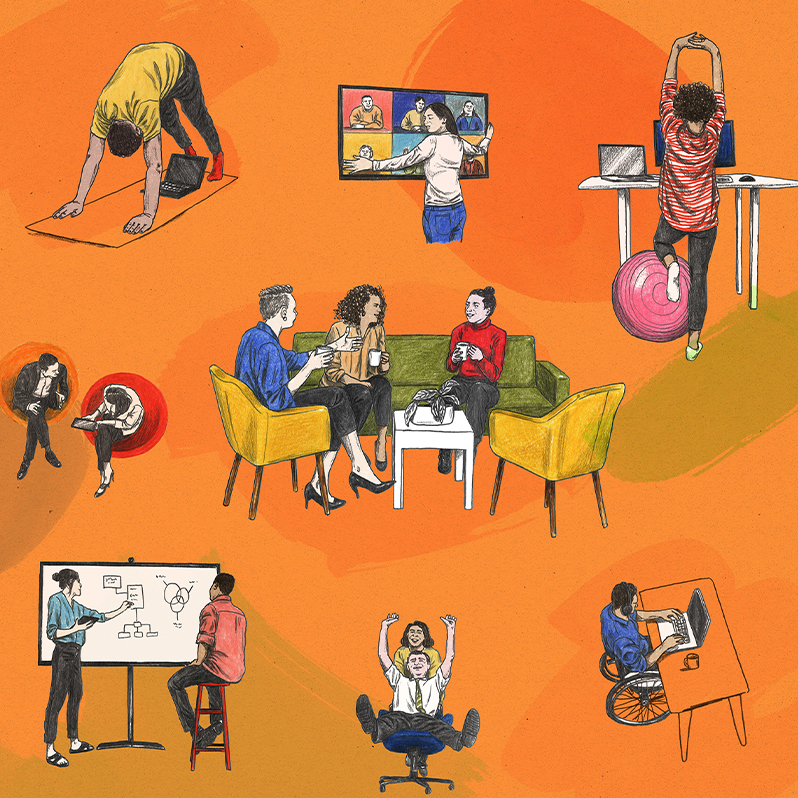 A montage of illustrations showing the different ways to work and interact in the office. A man on a yoga mat does the downward dog position while looking upside down at a laptop that’s open underneath his body. Another woman is hugging a video monitor on which we can see six attendees of a videoconferencing meeting. Another woman stretches and rests her knee on a balance ball while working at a standing desk. Three women sit together, drinking from coffee mugs and chatting in a nook with couches and chairs and a table with a houseplant on it. A man and a woman huddle in conversation while sitting close together in two rounded chairs; the woman holds a tablet. A man sits on an elevated stool, watching as a woman sketches out an idea on a whiteboard. A man sitting in a wheeled office chair flings his arms and legs in the air while a female colleague pushes his chair around. A man in a wheelchair sits at a desk drinking coffee and working on a laptop.