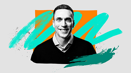 An illustrated photo showing WorkLab guest and Microsoft leader Jared Spataro